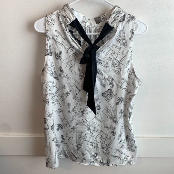 White House Black Market White & Black France Themed Sleeveless Blouse - Picture 2 of 6